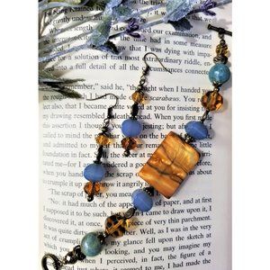 Artisan Shell Bracelet & Earrings Set. Blue & Antique Gold Beaded. Pierced